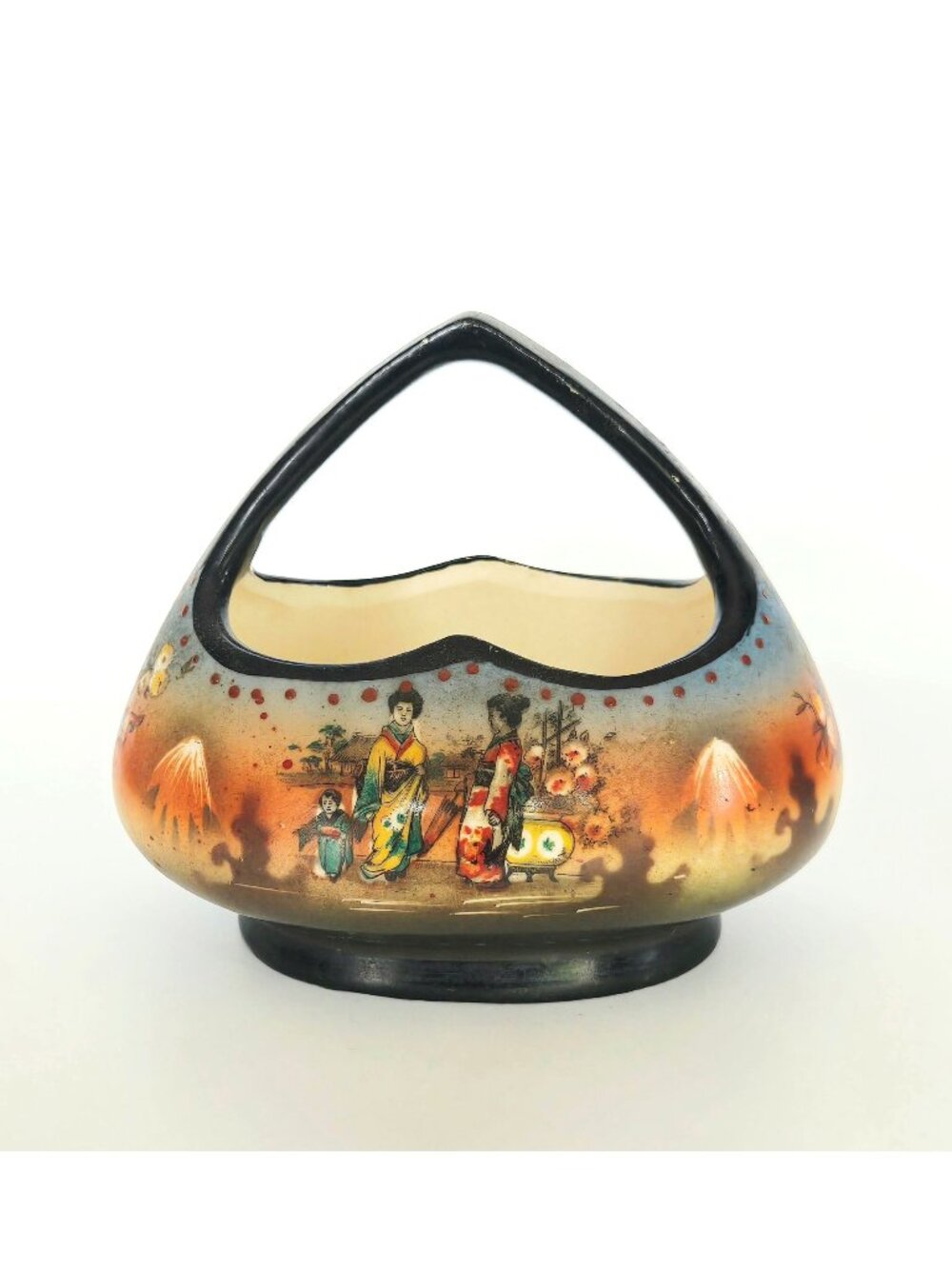Vintage Coronet Japanese Scene Ceramic Basket With Handle Floral & Geisha Motif